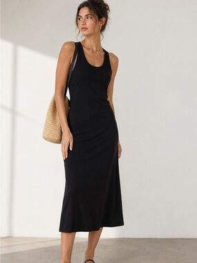 Eileen Fisher Black Jersey Tank Midi Dress Sz Large Lyocell Spandex Stretch
